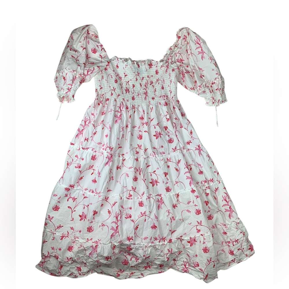 Hill House Floral Midi Dress - White with Pink Print - Picture 2 of 10